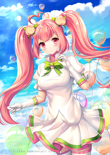 Anime picture 707x1000 with original riiya (mabong1989) single long hair tall image looking at viewer blush fringe smile hair between eyes twintails pink hair sky cloud (clouds) ahoge outdoors pink eyes sunlight girl thighhighs