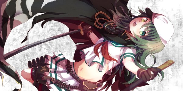 Anime picture 1500x750 with kantai collection kiso light cruiser kiso (kantai collection) emilion gomano rio single long hair looking at viewer open mouth wide image green hair heterochromia girl skirt gloves navel weapon sword flat cap