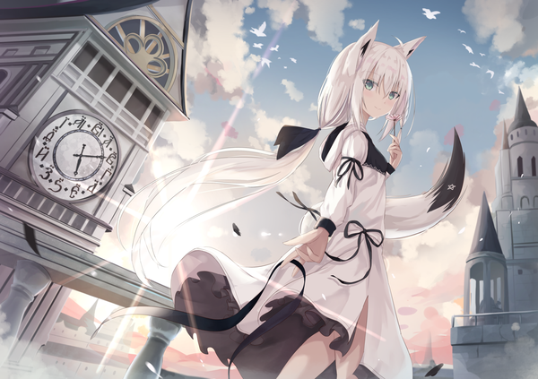 Anime picture 2006x1416 with virtual youtuber hololive shirakami fubuki touhourh single long hair looking at viewer blush fringe highres smile hair between eyes standing holding green eyes animal ears payot sky cloud (clouds) white hair