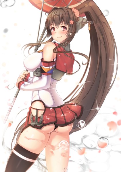 Anime picture 933x1331 with kantai collection yamato super battleship untue single tall image looking at viewer blush fringe breasts light erotic simple background smile red eyes brown hair large breasts white background ahoge ass very long hair pleated skirt