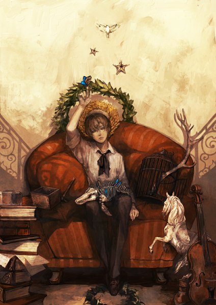 Anime picture 827x1169 with original kokuto single tall image looking at viewer short hair simple background brown hair sitting yellow eyes horn (horns) twisty sleeves skeleton boy animal shirt bowtie bird (birds) book (books) insect