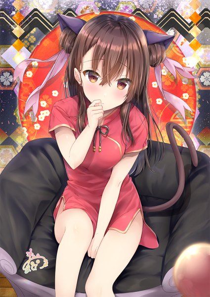 Anime picture 900x1271 with original maruma (maruma gic) single long hair tall image blush fringe open mouth hair between eyes sitting animal ears tail traditional clothes head tilt animal tail from above cat ears :o cat tail hair bun (hair buns)