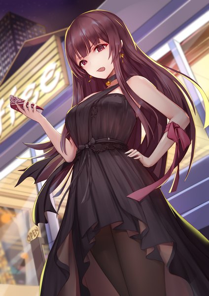 Anime picture 992x1403 with girls frontline wa2000 (girls frontline) liu lan single long hair tall image looking at viewer fringe open mouth red eyes brown hair standing holding outdoors blunt bangs night from below dutch angle night sky sleeveless