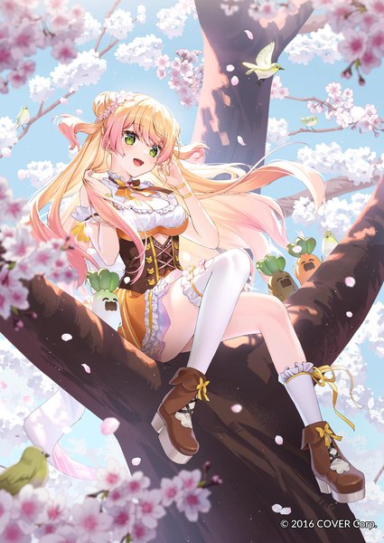 Anime picture 1500x2119 with virtual youtuber hololive momosuzu nene nekko (momosuzu nene) momosuzu nene (1st costume) rosuuri single long hair tall image looking at viewer blush fringe breasts open mouth blonde hair smile sitting green eyes sky cleavage