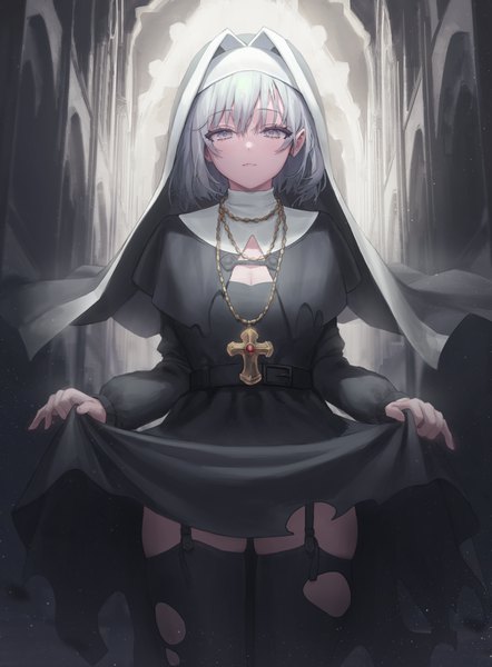 Anime picture 3000x4074 with original punipuni (p00nipooni) single tall image looking at viewer fringe highres short hair breasts hair between eyes standing cleavage silver hair indoors long sleeves torn clothes silver eyes expressionless dress lift nun