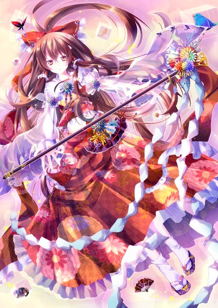 Anime picture 1000x1411 with touhou hakurei reimu riichu single long hair tall image brown hair yellow eyes ponytail traditional clothes :o girl bow hair bow animal socks frills bird (birds) insect butterfly