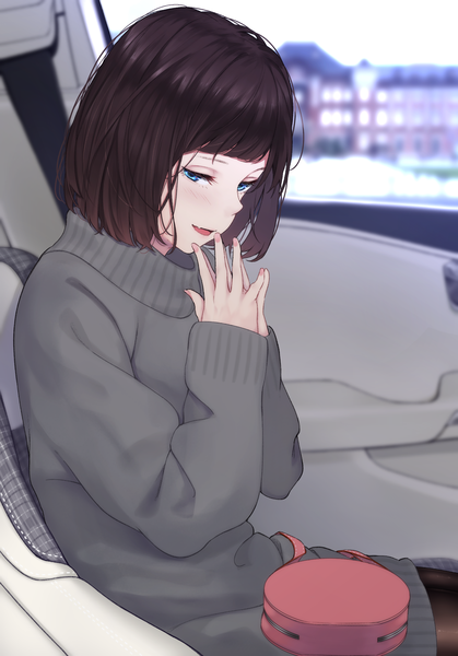 Anime picture 1668x2388 with original saitou (lynx-shrike) single tall image looking at viewer blush fringe short hair open mouth blue eyes brown hair sitting blunt bangs nail polish head tilt looking back fingernails blurry arms up fang (fangs)
