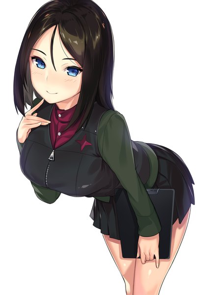 Anime picture 1265x1789 with girls und panzer nonna (girls und panzer) kagematsuri single long hair tall image looking at viewer blush fringe breasts blue eyes light erotic black hair simple background hair between eyes large breasts standing white background pleated skirt light smile