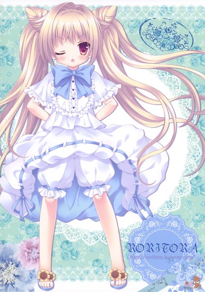 Anime picture 2496x3549 with tsukishima yuuko single tall image blush highres blonde hair red eyes twintails very long hair one eye closed wink loli girl dress flower (flowers) frills bowtie