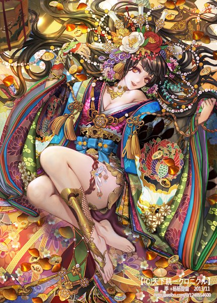 Anime picture 754x1052 with original xiaji single long hair tall image fringe light erotic smile brown hair brown eyes looking away cleavage bent knee (knees) lying traditional clothes japanese clothes barefoot hair flower light smile lips