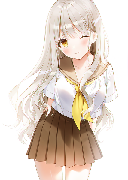 Anime picture 980x1380 with original weri single long hair tall image looking at viewer blush fringe simple background smile standing white background yellow eyes silver hair head tilt pleated skirt one eye closed wink hands behind back girl
