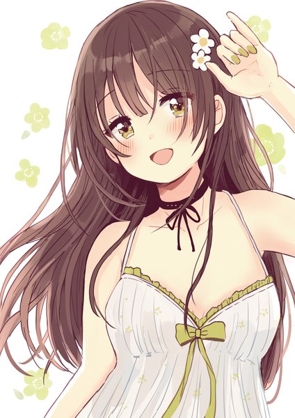 Anime picture 2894x4093 with original sakura oriko single long hair tall image looking at viewer blush fringe highres breasts open mouth simple background smile hair between eyes brown hair white background bare shoulders green eyes payot cleavage