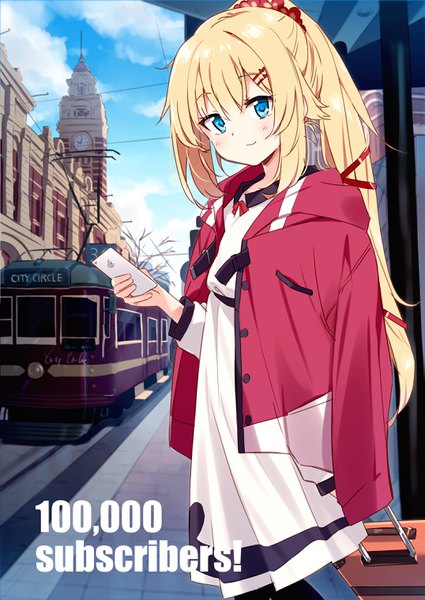 Anime-Bild 2149x3035 mit virtual youtuber hololive apple inc. akai haato akai haato (2nd costume) mousou (mousou temporary) single long hair tall image looking at viewer blush fringe highres blue eyes blonde hair smile hair between eyes standing holding payot