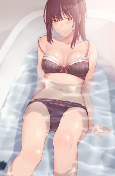 Anime picture 1500x2300 with original monotiina single long hair tall image looking at viewer breasts light erotic black hair brown eyes payot ponytail arm support underwear only partially submerged strap slip girl underwear panties water