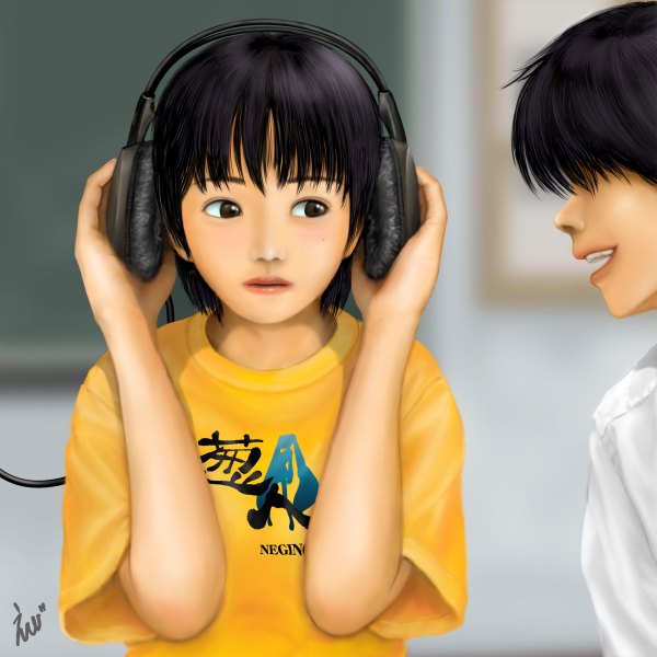 Anime picture 1200x1200 with ebi (eeotoko) short hair black hair brown eyes realistic clothes writing hair over eyes girl headphones t-shirt
