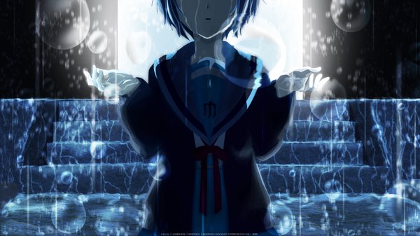 Anime picture 1920x1080 with suzumiya haruhi no yuutsu kyoto animation nagato yuki itou noiji single highres wide image parted lips official art rain girl uniform school uniform water water drop cardigan