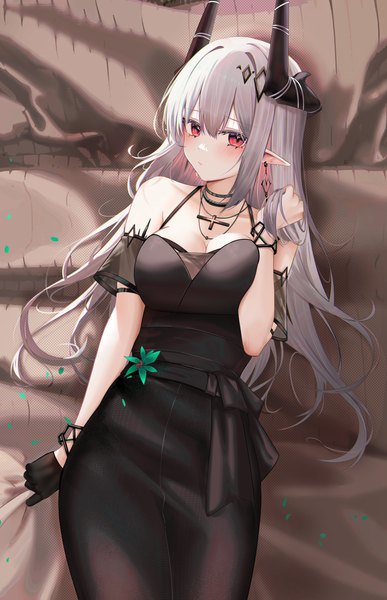 Anime picture 3224x4994 with arknights mudrock (arknights) mudrock (obsidian) (arknights) ru zhai single tall image looking at viewer blush fringe highres breasts hair between eyes red eyes absurdres cleavage lying head tilt horn (horns) pointy ears grey hair