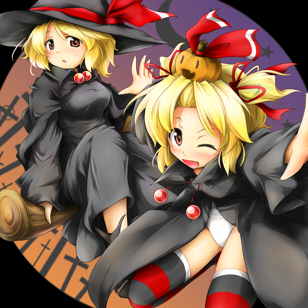 Anime picture 1031x1031 with touhou rumia pr0vidence (artist) short hair open mouth blonde hair multiple girls brown eyes one eye closed wink teeth fang (fangs) witch broom riding girl thighhighs 2 girls witch hat striped thighhighs broom