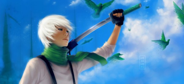 Anime picture 1200x549 with original mezamero short hair wide image sky cloud (clouds) white hair aqua eyes realistic twisty sleeves unsheathing boy animal sword scarf fingerless gloves bird (birds) katana sheath suspenders