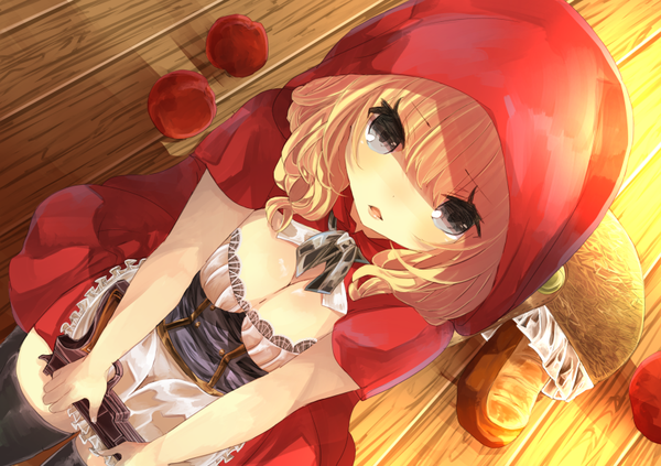 Anime picture 842x595 with little red riding hood little red riding hood (character) sikinoyukinnko single looking at viewer blush fringe short hair breasts open mouth blue eyes light erotic blonde hair from above girl thighhighs dress weapon black thighhighs gun