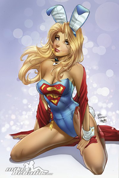 Anime picture 600x900 with superman supergirl squirrelshaver single long hair tall image breasts blue eyes light erotic blonde hair bare shoulders animal ears tail animal tail lips bunny ears bunny tail superhero girl earrings