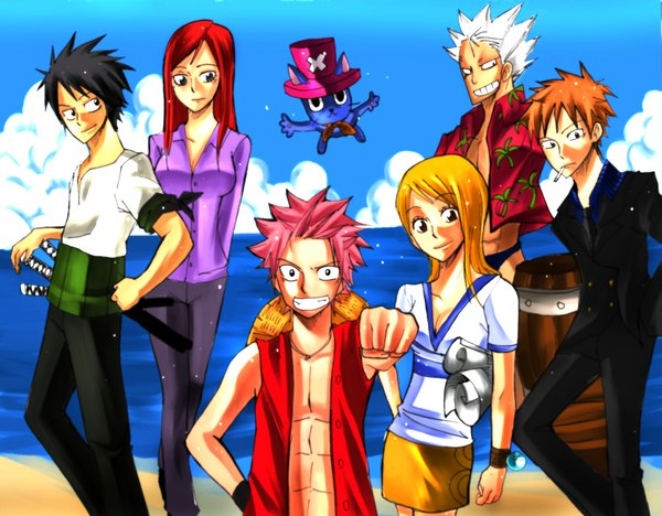 Anime picture 2155x1684 with one piece fairy tail toei animation lucy heartfilia erza scarlet natsu dragneel gray fullbuster happy (fairy tail) elfman strauss long hair highres short hair blue eyes black hair blonde hair smile brown hair multiple girls brown eyes pink hair