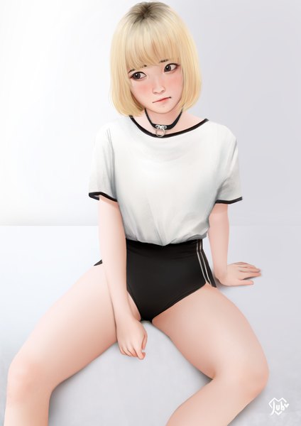 Anime picture 2480x3508 with original jubi (regiana) single tall image fringe highres short hair blonde hair white background sitting signed looking away head tilt black eyes realistic arm support short sleeves legs lipstick red lipstick