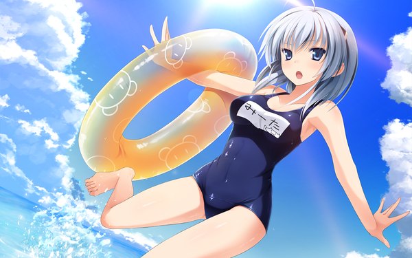 Anime picture 1920x1200 with imouto no katachi meta mutou kurihito single highres short hair open mouth blue eyes wide image sky silver hair cloud (clouds) girl swimsuit water one-piece swimsuit school swimsuit swim ring