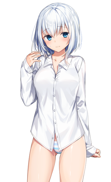 Anime picture 1466x2394 with original komeshiro kasu single tall image looking at viewer blush fringe short hair blue eyes light erotic simple background hair between eyes standing white background silver hair girl underwear panties shirt white shirt