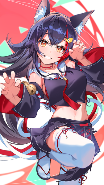 Anime picture 1080x1920 with virtual youtuber hololive ookami mio ookami mio (1st costume) kainown single long hair tall image looking at viewer fringe black hair smile hair between eyes standing animal ears tail animal tail multicolored hair midriff orange eyes