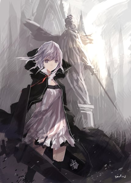 Anime picture 1181x1653 with original pixiv fantasia pixiv fantasia fallen kings swd3e2 single long hair tall image looking at viewer fringe standing pink hair pink eyes wind open clothes open jacket girl thighhighs weapon black thighhighs sword