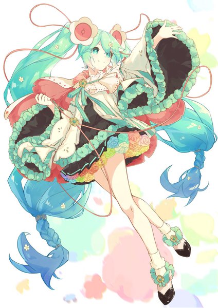 Anime picture 1080x1527 with vocaloid magical mirai (vocaloid) hatsune miku magical mirai miku magical mirai miku (2021) yohki single tall image fringe smile hair between eyes twintails green eyes full body very long hair green hair legs outstretched arm crossed legs (standing) girl
