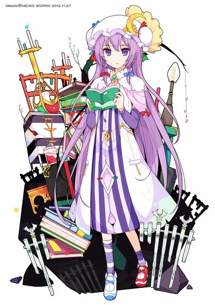 Anime picture 1446x2046 with touhou patchouli knowledge ideolo single long hair tall image looking at viewer fringe white background purple eyes purple hair crescent girl socks book (books) ring bonnet branch candle (candles)