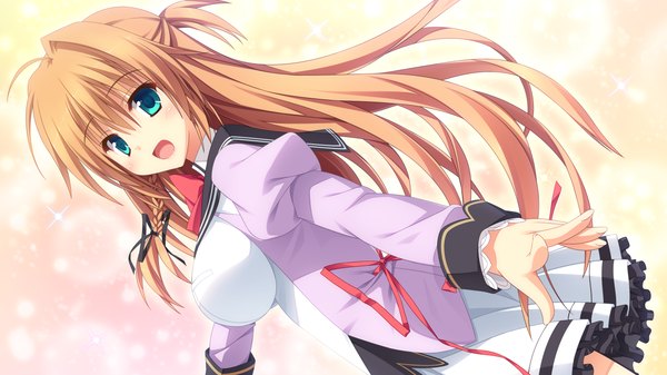 Anime picture 1280x720 with koishiki manual ichinose himeno saeki nao single long hair looking at viewer blush breasts open mouth blonde hair smile wide image large breasts game cg ahoge braid (braids) looking back aqua eyes turning head spread arms