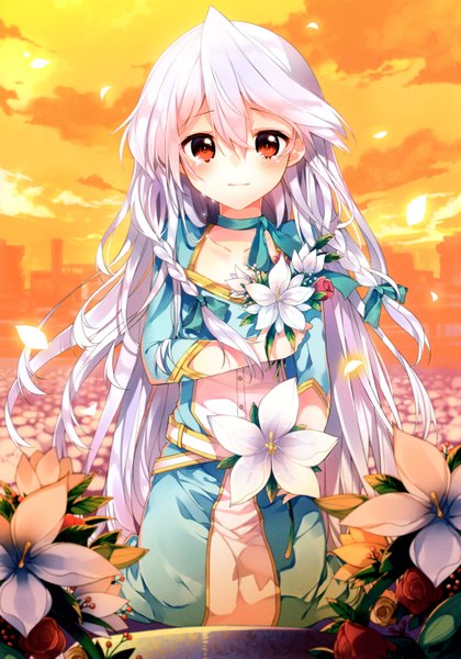 Anime picture 4270x6097 with mishima kurone single long hair tall image looking at viewer blush fringe highres red eyes absurdres sky silver hair braid (braids) tears twin braids kneeling city evening sunset girl