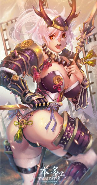 Anime picture 627x1200 with original raionart single long hair tall image breasts open mouth light erotic red eyes large breasts ass white hair horn (horns) girl gloves weapon sword armor spear