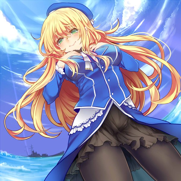 Anime picture 1200x1200 with kantai collection atago heavy cruiser rimu (kingyo origin) single long hair looking at viewer blush breasts blonde hair smile green eyes looking away sky sunlight from below hand on chest fisheye girl skirt pantyhose