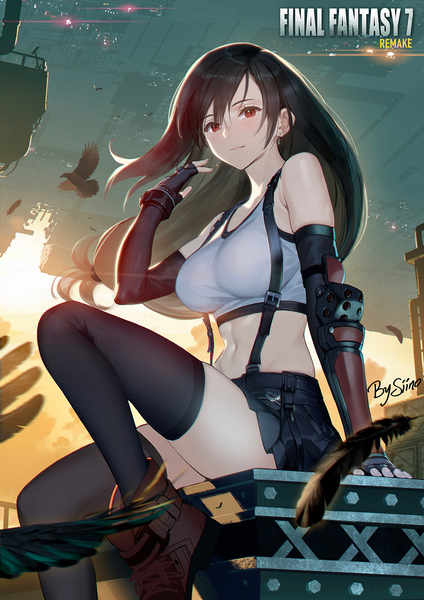 Anime picture 1200x1696 with final fantasy final fantasy vii final fantasy vii remake square enix tifa lockhart siino single long hair tall image looking at viewer blush fringe breasts light erotic black hair smile hair between eyes red eyes large breasts sitting