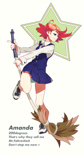 Anime picture 1117x2048 with little witch academia studio trigger amanda o'neill kamameshi gougoumaru single tall image short hair simple background smile white background green eyes looking away full body ahoge long sleeves profile orange hair character names text english