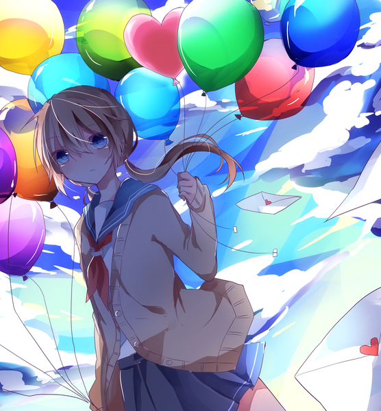 Anime picture 1854x2000 with original yuruno single long hair tall image looking at viewer blush fringe highres blue eyes brown hair standing cloud (clouds) pleated skirt wind girl skirt balloon letter love letter