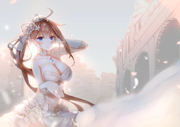 Anime picture 1415x1000 with girls frontline fal (girls frontline) futoshi ame single long hair looking at viewer blush breasts blue eyes light erotic brown hair large breasts cleavage ahoge outdoors ponytail wind arm behind head girl dress
