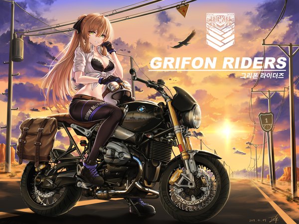 Anime picture 2000x1500 with girls frontline bmw m1903 springfield (girls frontline) baek hyang single long hair looking at viewer fringe highres light erotic hair between eyes brown hair sitting green eyes signed sky cleavage cloud (clouds) ponytail parted lips