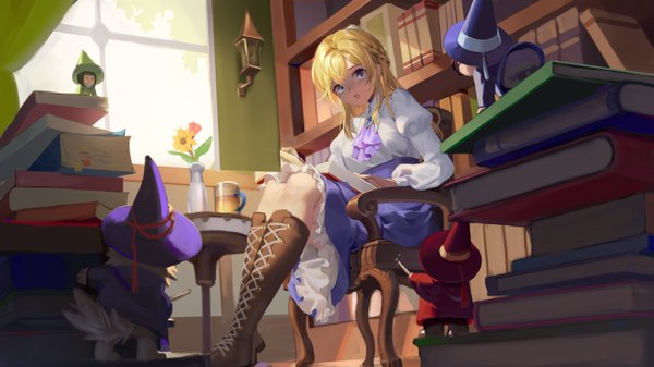 Anime picture 6000x3375 with original shira long hair looking at viewer fringe highres blue eyes hair between eyes wide image sitting absurdres full body bent knee (knees) indoors braid (braids) long sleeves parted lips sunlight shadow from below