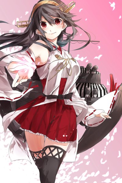 Anime picture 800x1200 with kantai collection haruna battleship miwano rag single long hair tall image looking at viewer fringe black hair simple background smile red eyes long sleeves pink background mechanical girl thighhighs dress hair ornament detached sleeves
