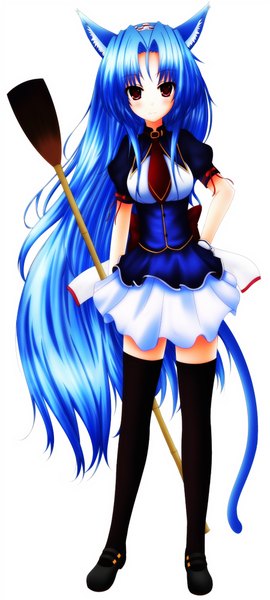 Anime picture 1800x4000 with original toyokawa itsuki (p mayuhime) single tall image blush highres simple background red eyes white background animal ears blue hair tail very long hair animal tail light smile cat ears cat girl cat tail girl thighhighs