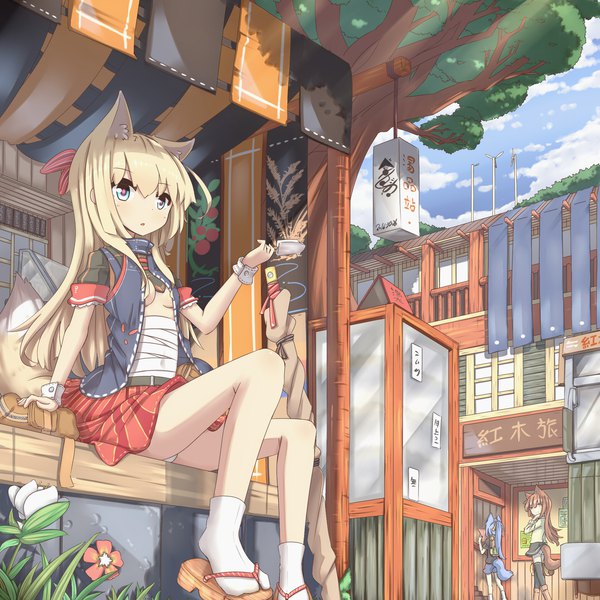 Anime picture 1920x1920 with original hinbackc long hair fringe highres breasts blue eyes light erotic blonde hair hair between eyes brown hair sitting multiple girls animal ears blue hair looking away tail animal tail open clothes no bra