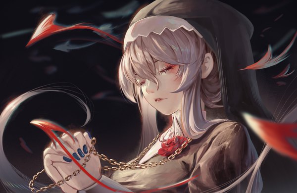 Anime picture 7376x4800 with arknights specter (arknights) beancake single long hair fringe highres simple background payot absurdres upper body eyes closed nail polish parted lips grey hair black background interlocked fingers blue nail polish nun praying