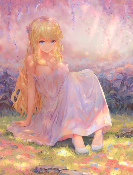 Anime picture 700x920 with original kisei2 single long hair tall image looking at viewer fringe breasts blue eyes light erotic blonde hair smile large breasts sitting signed full body bent knee (knees) hair flower arm support no bra