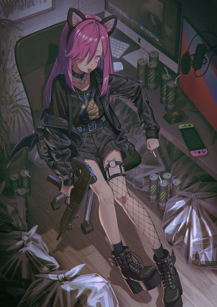 Anime picture 2536x3584 with original nintendo monster energy hironii (hirofactory) single long hair tall image looking at viewer blush fringe highres sitting holding animal ears pink hair full body indoors long sleeves nail polish pink eyes