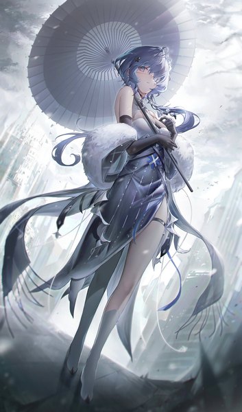 Anime picture 1205x2048 with arknights whisperain (arknights) whisperain (tremble cold) (arknights) hisiya (wldn1112) single long hair tall image blue eyes blue hair looking away full body outdoors from below official alternate costume side slit girl dress umbrella eyepatch oriental umbrella